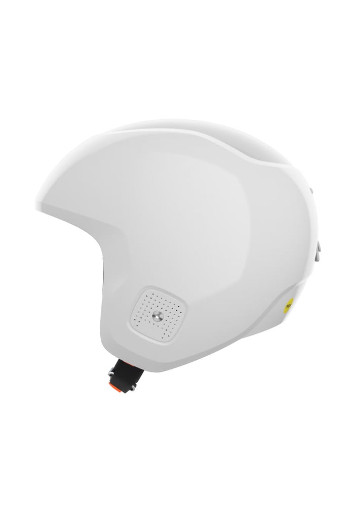 Side view of a glossy white POC Skull Dura X MIPS ski helmet with perforated ear pads and black chin strap.