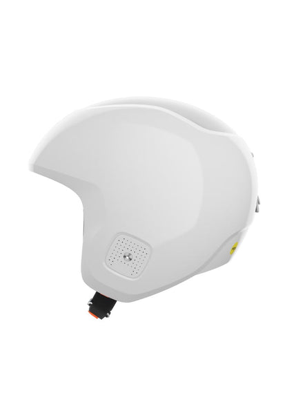 Side view of a glossy white POC Skull Dura X MIPS ski helmet with perforated ear pads and black chin strap.