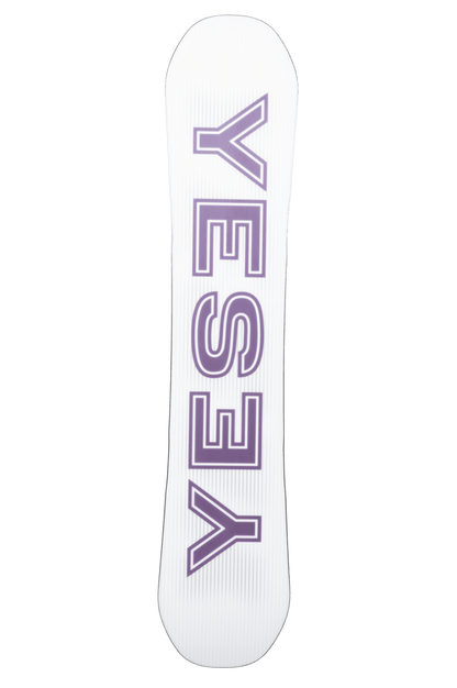 YES Women's Basic 2027 snowboard base in white with a large purple vertical logo.