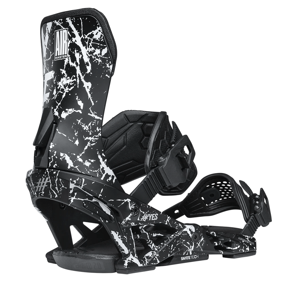 YES Airmaster 2026 snowboard binding in black and white marble print, rear side view showing highback and straps.