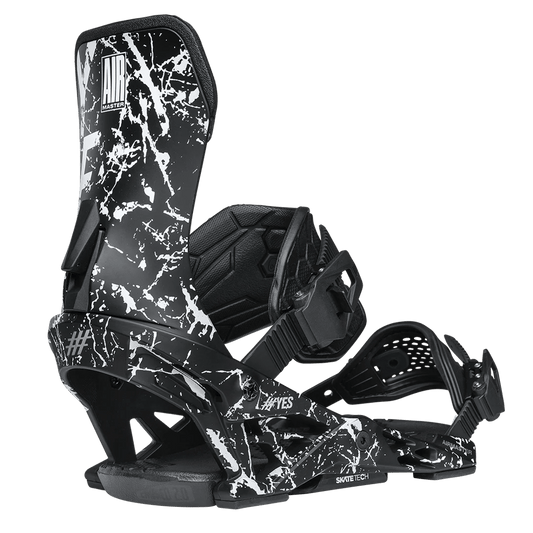 YES Airmaster 2026 snowboard binding in black and white marble print, rear side view showing highback and straps.