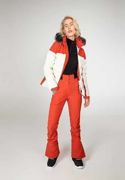 Protest Blackbird women's red and white color-block puffer ski jacket with faux fur hood and matching red pants.