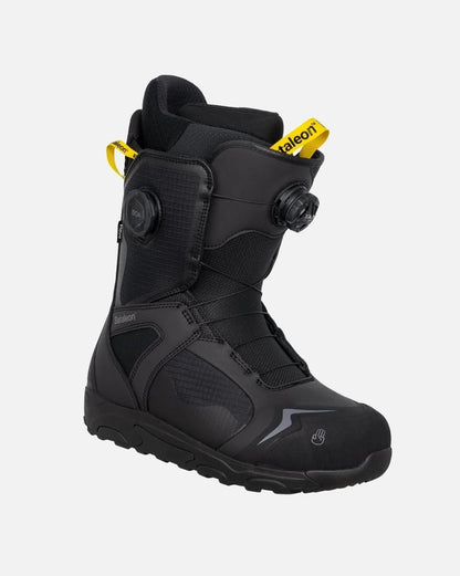 Black Bataleon Rave Double Boa mens snowboard boot with dual lacing dials and yellow pull tabs.