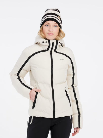Cream Protest Onyx women's hooded puffer jacket with black stripe accents and front zip.
