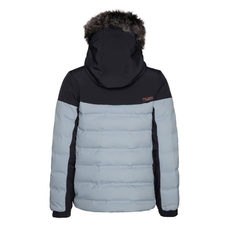 Back view of a black and light blue Protest Blackbird puffer jacket for women with a faux fur hood.