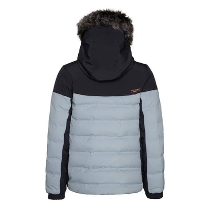 Back view of a black and light blue Protest Blackbird puffer jacket for women with a faux fur hood.