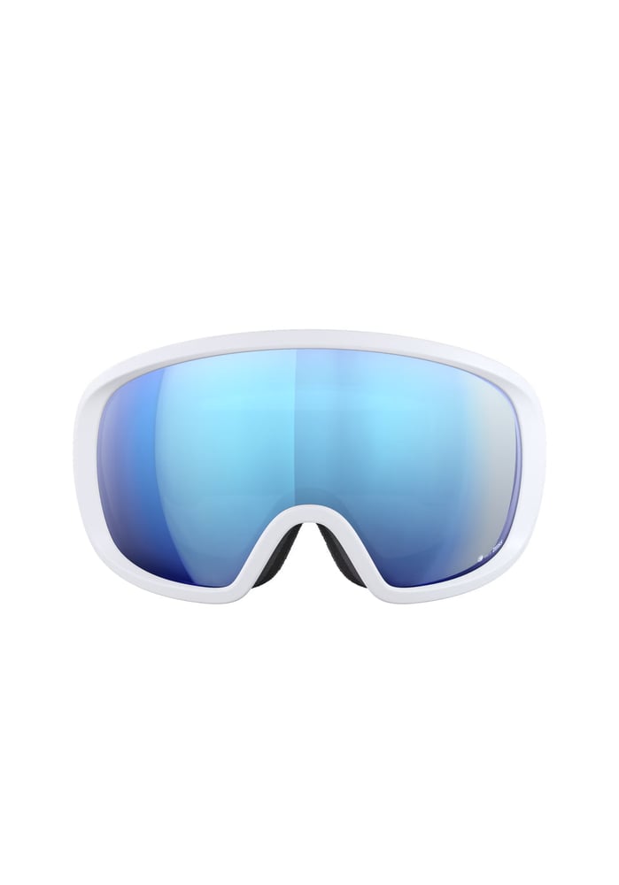 POC Fovea WF ski goggles with a white frame and blue mirrored lens, front view.