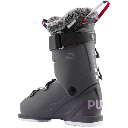 Graphite Rossignol Pure Elite 90 GW women's ski boot with faux fur trim, purple PURE logo, and white GripWalk soles.